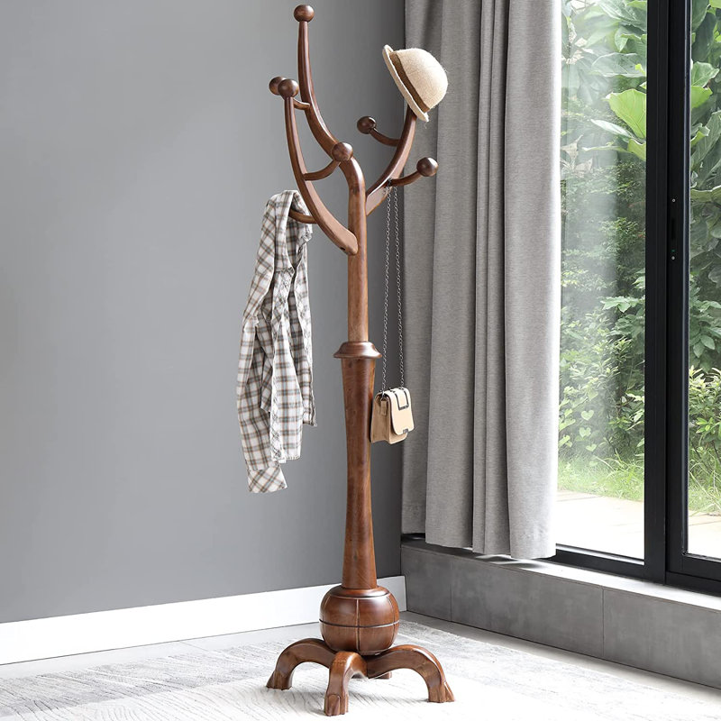 Janiya 8-Hook Solid Wood Freestanding Coat Rack, Brown