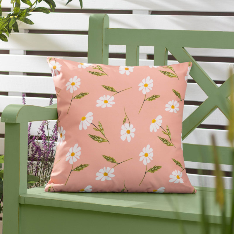 Daisies Indoor / Outdoor Floral Throw Cushion Cover, Pink, 43cm H x 43cm W x 1cm D, Square