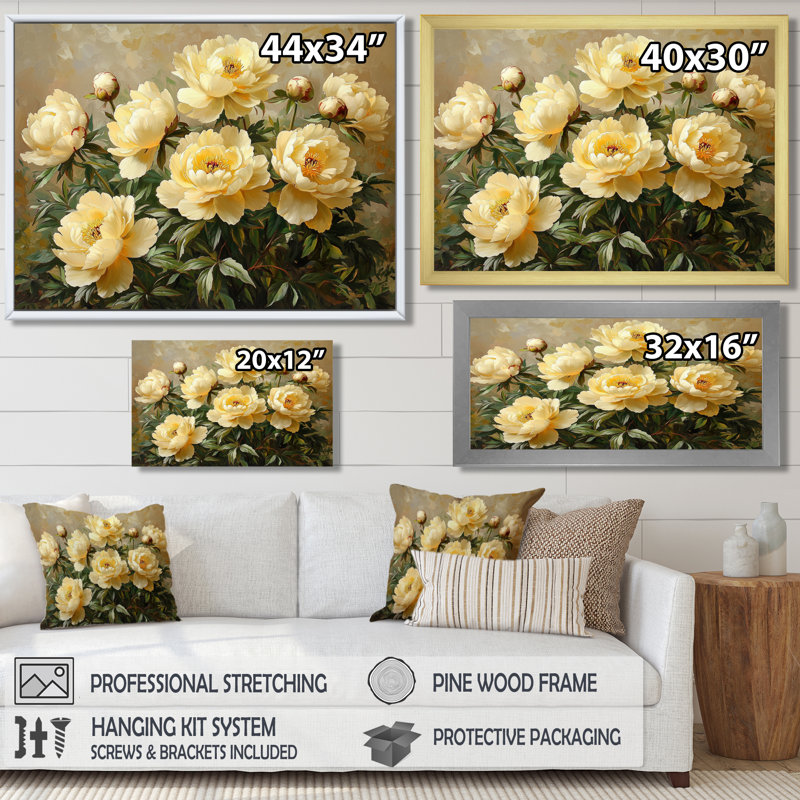 Jacoresy, pivoines d'été dans le jardin d'herbes III - pivoines, art mural, H 12 po x l 20 po, Toile tendue