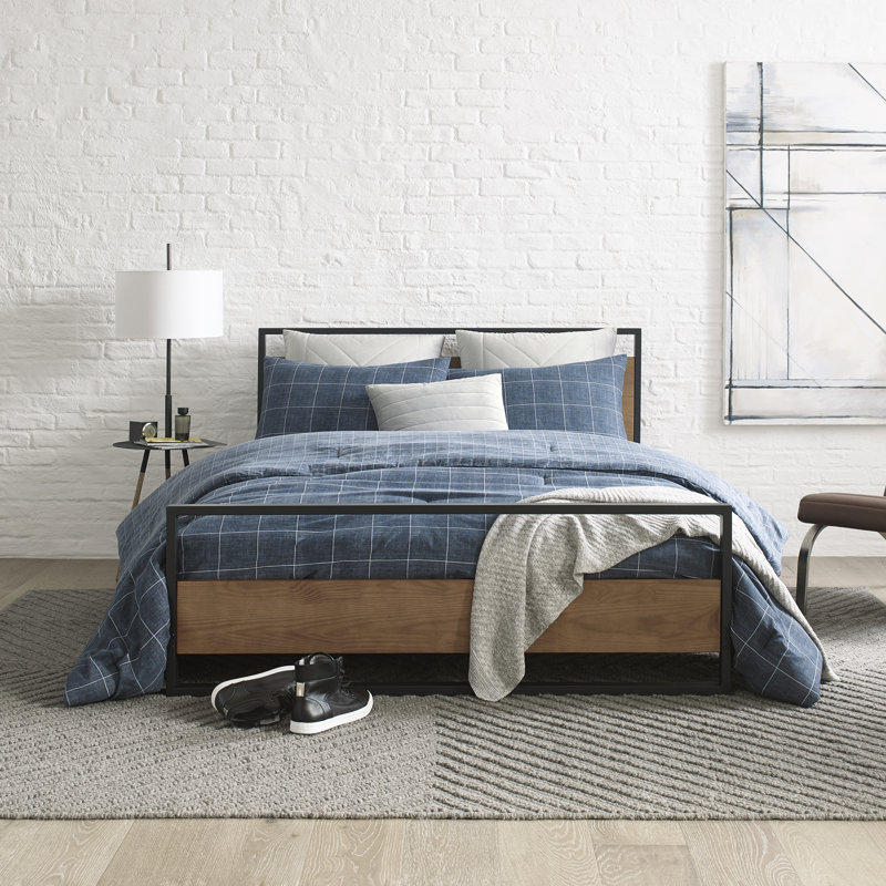 Kenneth Cole Holden Grid Cotton Blue Duvet Cover Set, Queen Duvet Cover + 2 Shams