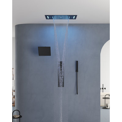 LED Bluetooth Music Thermostatic Rain Shower System with Dual Shower Heads and Handheld Sprayer