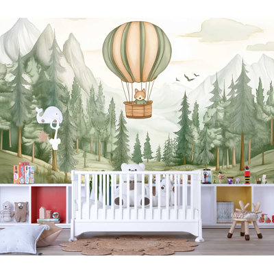 Papier peint renard en ballon au-dessus de la forêt - aquarelle murale montagnes des bois - décor de chambre de bébé et d'aventure - genre animal