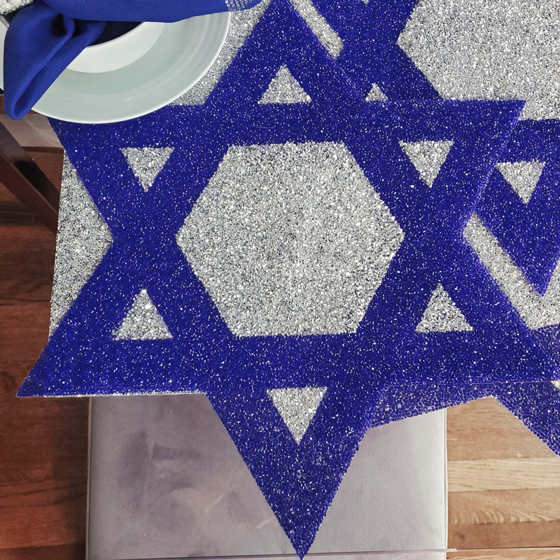 Sparkles Home Star of David Rhinestone Placemat | Blue Silver | Non-Slip Polypropylene Plastic Mat
