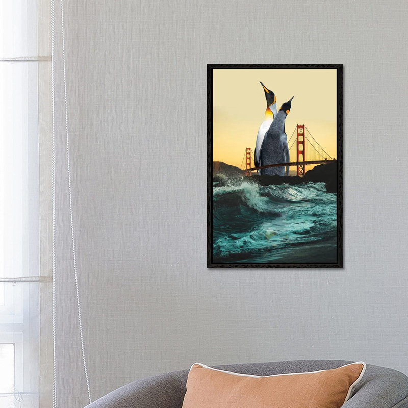 Golden Penguins by David Loblaw - Print on Canvas, 66.04 cm H x 45.72 cm W, Black Framed