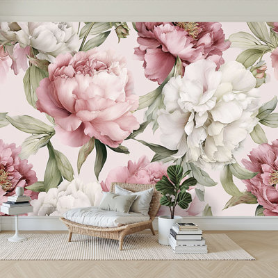 Peel and Stick Wallpaper 144" W x 100" H Modern Self Adhesive Wall Mural for Bedroom Floral Peonies Light Watercolor Textiles Interior Botanical Art