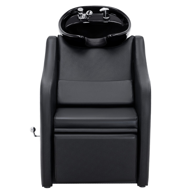 Shampoo Barber Backwash Chair Extended, Ceramic Shampoo Bowl Sink Chair, Black Faux Leather
