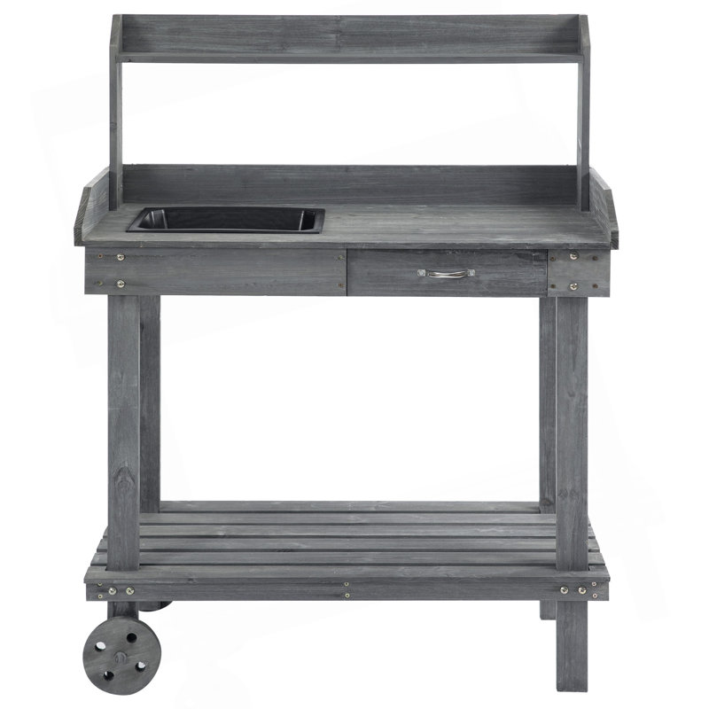 Outsunny 36'' Wooden Potting Bench Work Table With 2 Removable Wheels/ Sink/ Drawer & Large Storage Spaces/ Gray