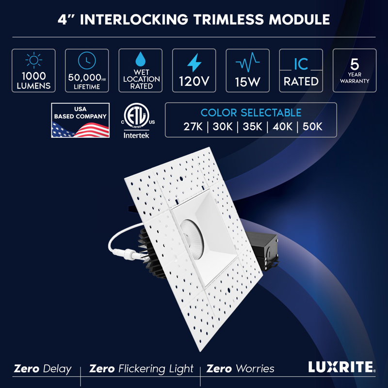 Projecteur encastré sans cadre à DEL de 4 pouces LUXRITE avec Jbox, Twist N 'Lock, 5CCT, 15W, 1000LM, CRI90, faisceau de 38 °, intensité variable, homologué IC, homologué Wet, ETL