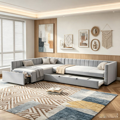 L-shape Upholstered Double Twin Size Daybed with Trundle and Drawer