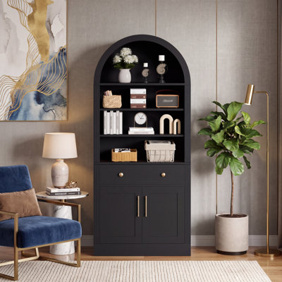 Bibliothèque autoportante arquée avec armoire de rangement, portes de tiroir et tablettes réglables, garde-manger multi-pièces pour le salon
