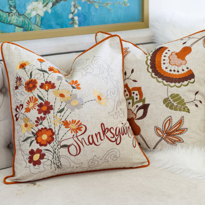 Thanksgiving Embroidered Floral Throw Pillow – Autumn Harvest Accent Cushion