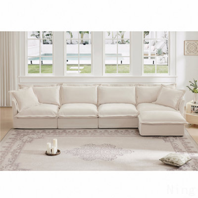 Canapé modulaire long en L avec housse avec housse, canapé 4 places avec accoudoirs polyvalents, canapé à assise profonde en chenille avec 2 grands coussins, canapé confortable pour le salon, appartement, tissu en chenille, crème