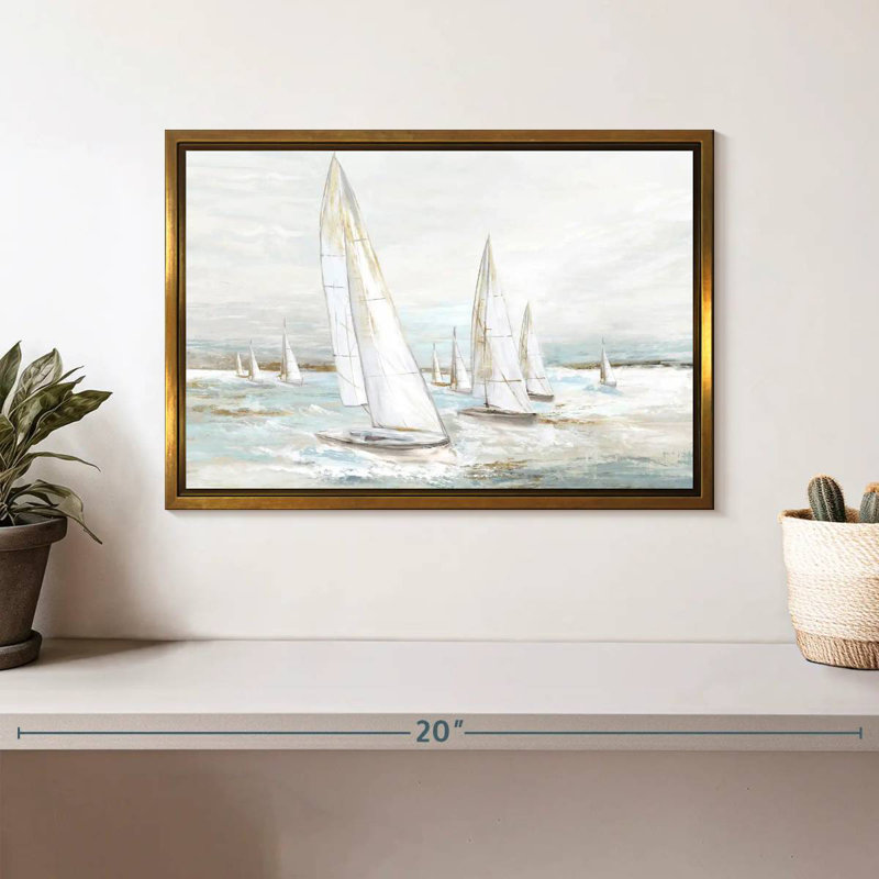 Voiles balayées par le vent I, Cadre flottant doré, 13 po x 9 po