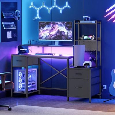 Paylan 55.1" Gaming Desk LED Computer Desk with Power Outlet and Storage Shelf