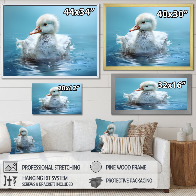 «Blue Duck», art mural canard bleu et blanc, Cadre doré à coins fermés, H 24 po x l 32 po x P 1 po