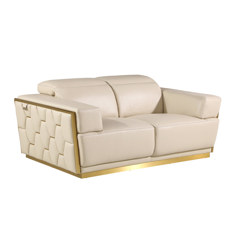 Sylvian Top Grain Genuine Italian Leather Loveseat, Gold, Beige