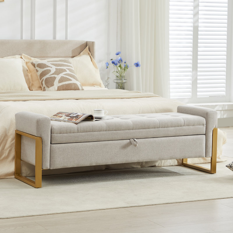 57'' Wide Tufted Rectangle Storage Ottoman, Beige Linen