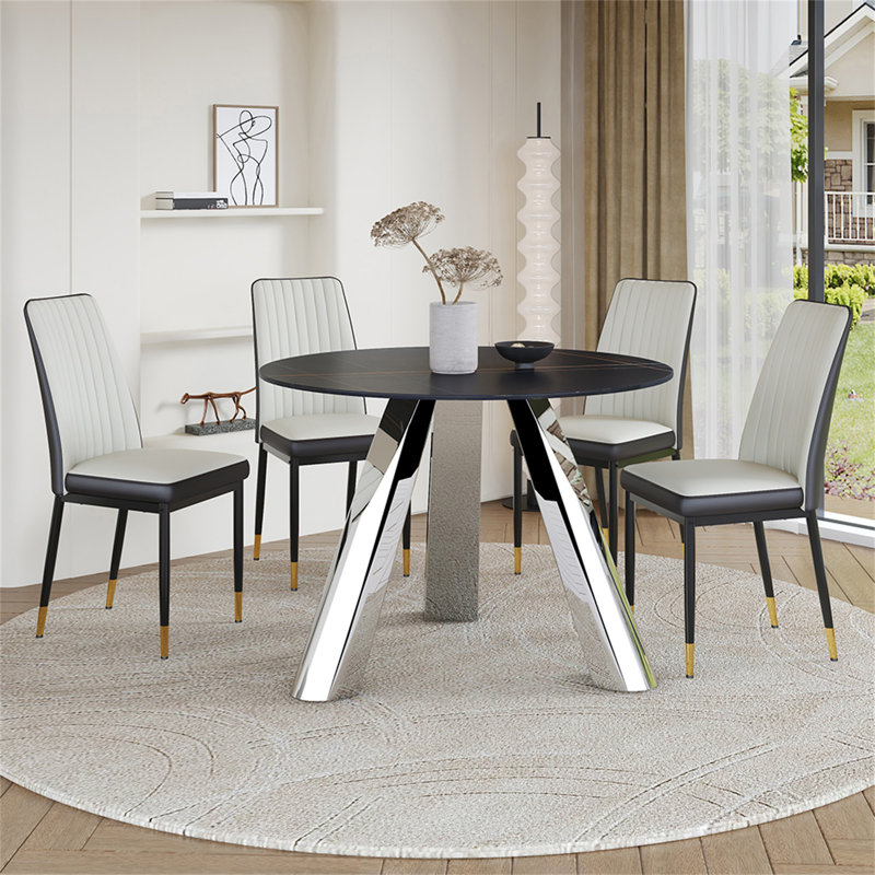 Ensemble de table de salle à manger de 42 pouces avec plateau en granit et pieds en acier inoxydable noir, jumelé à quatre chaises de salle à manger en polyuréthane