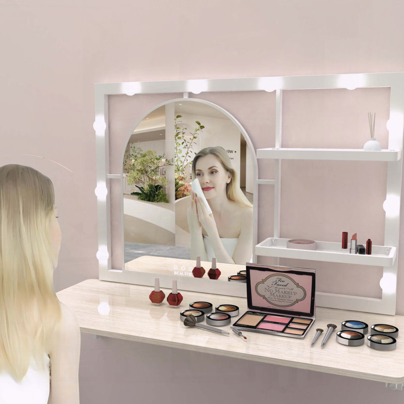 Floating Wall Mounted Makeup Vanity with Arched Mirror,12 LED Bulbs & 4 Metal Shelves