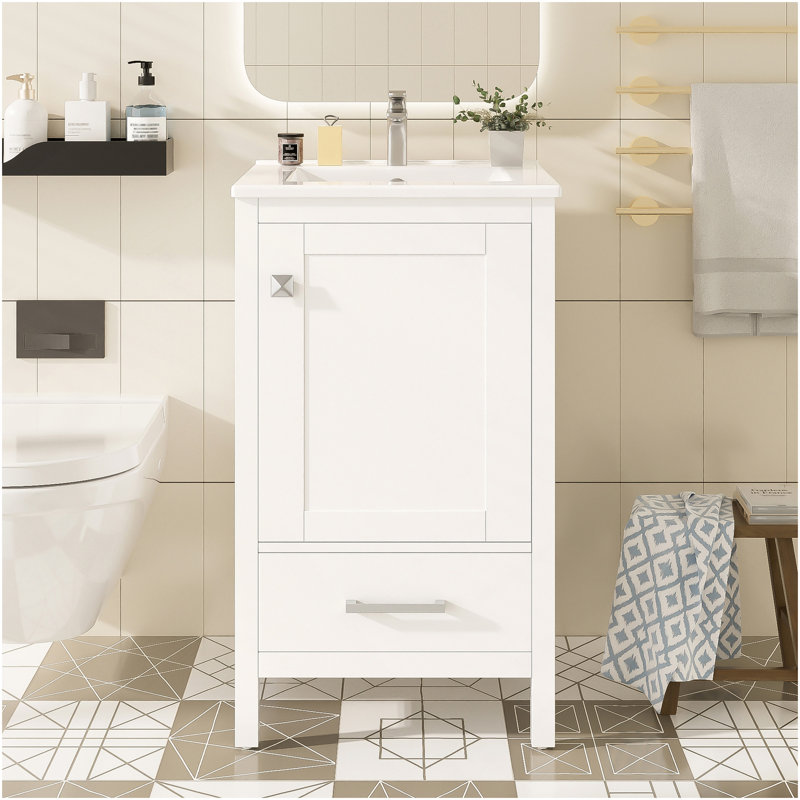 Meuble-lavabo moderne de 20 pouces avec tiroir et porte à fermeture en douceur, organisateur de porte à double couche, tiroir de séparation, patins réglables - conception de rangement peu encombrante
