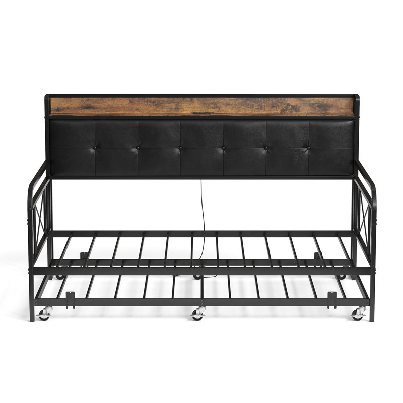 Storage Twin Daybed with Trundle, Upholstered Headboard, Metal Frame, and Built-in Charging Station, Black