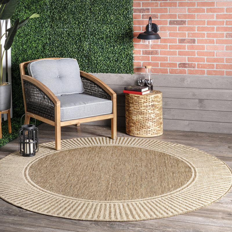 Alegre Bordered Indoor/Outdoor Rug, Round 6'7", Tan