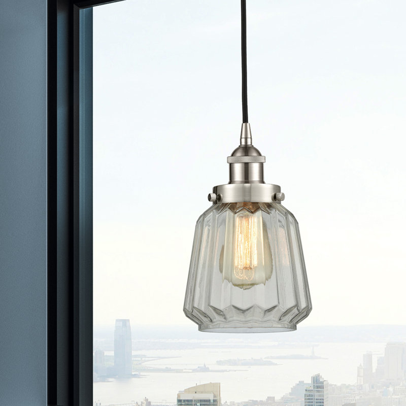Luminaire suspendu conique à 1 lumière Caggiano, Nickel satiné brossé, Transparent