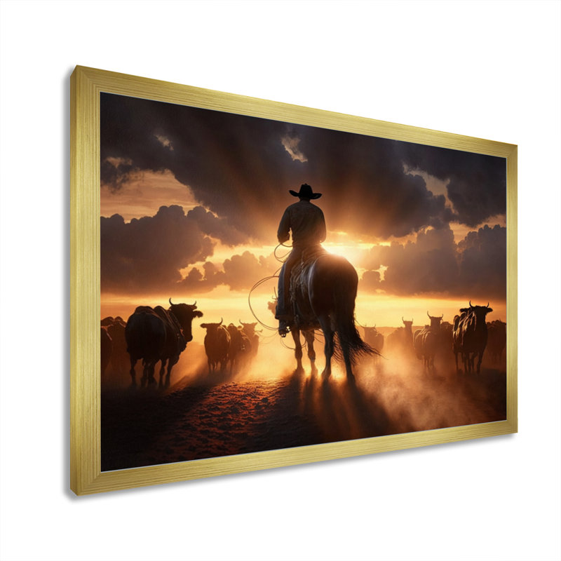 Narvin Wrangler In Sunset IV - art mural coucher de soleil, Cadre doré simple, H 24 po x l 32 po x P 1 po