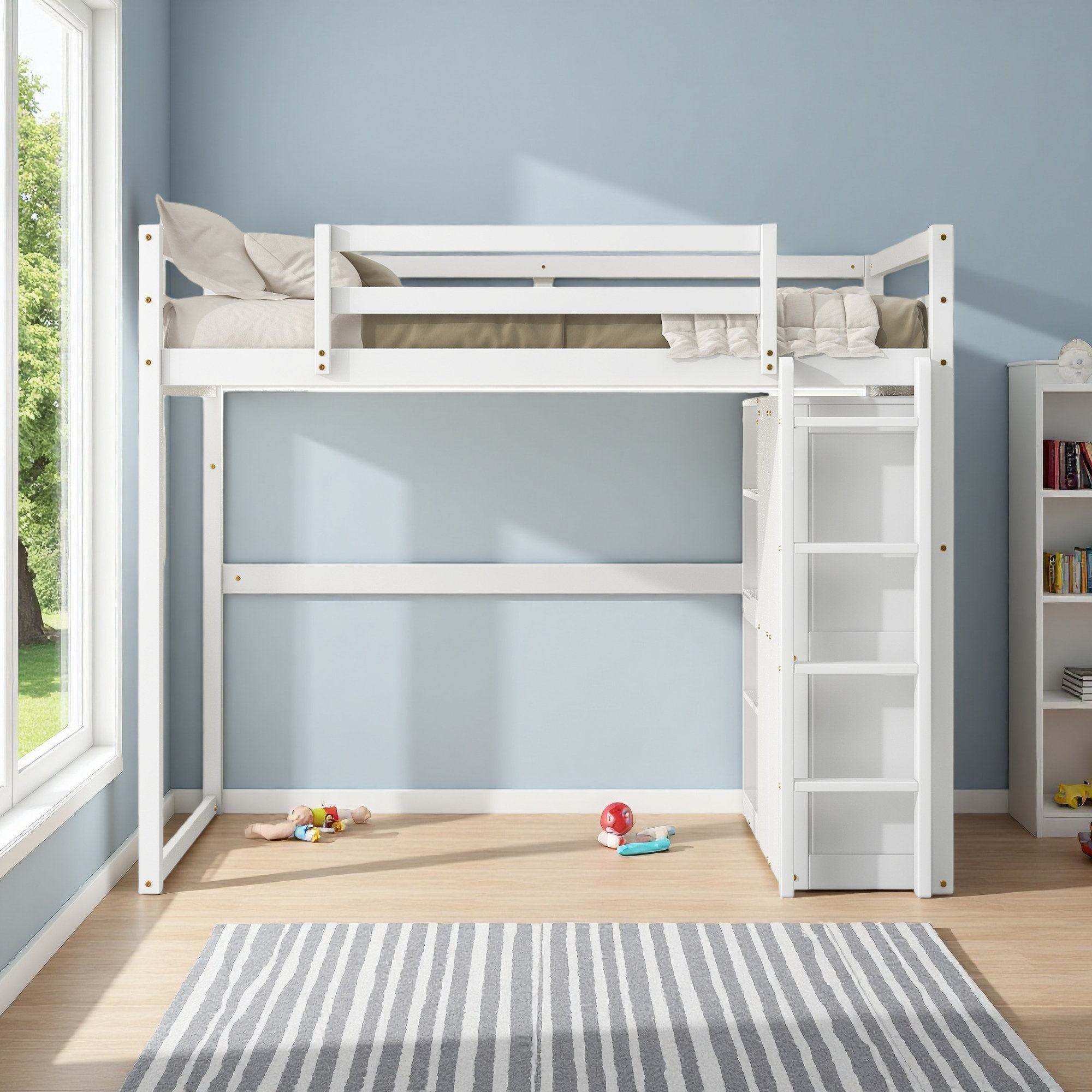 Harriet Bee Wood Full Size Loft Bed With Built-In Wardrobe And Storage ...