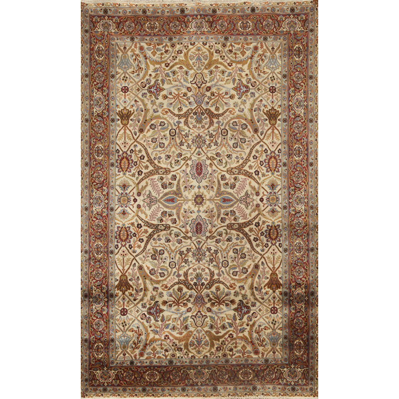 Tapis beige / brun en laine noué à la main de conception unique 6 pi 10 po x 9 pi New Age