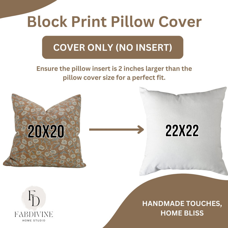 Housse de coussin à motif de main Fab Divine Artisan, Imprimé bloc brun foncé / floral 1, Carré 22 po