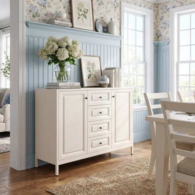 Buffet 40 po avec 4 tiroirs et 2 portes en métal blanc moderne