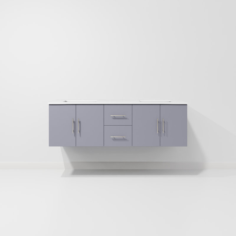Ensemble de meuble-lavabo double mural 60 "Geneva, Gris foncé, Marbre de culture blanc