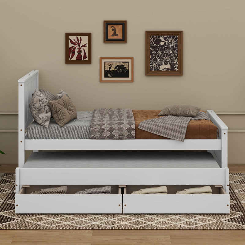 Lit plateforme simple avec tiroirs et lit gigogne, Blanc