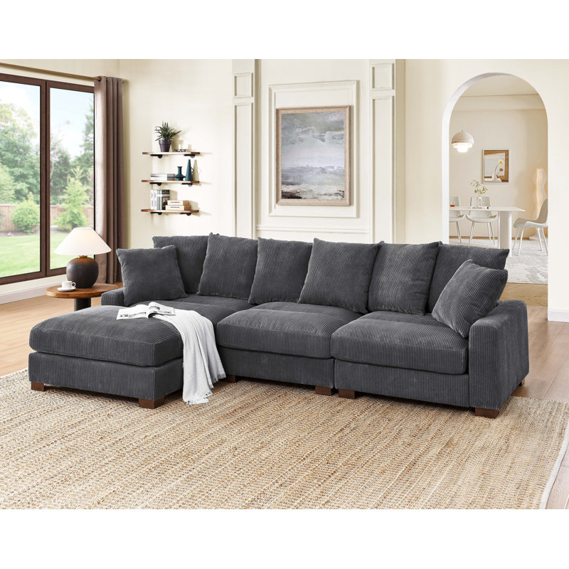 Xandar Corduroy Sofa, Gray, 4, 34" H x 122" W x 67.5" D