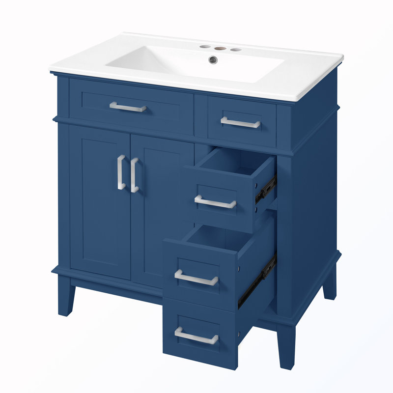 Bathroom Vanity with Ceramic Sink, Double Soft-Close Doors and Deep Drawer, Blue