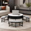 Table basse ronde moderne à plateau relevable avec rangement et 3 poufs, blanche et noire, idéale pour les espaces de vie contemporains.