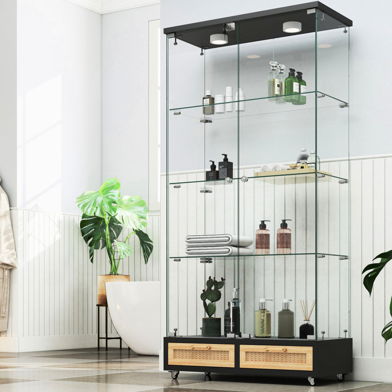 Étui de rangement à 2 portes et 4 tablettes, présentoir en verre moderne avec lumières DEL, noir et naturel, assemblage rapide, peu encombrant pour la cuisine