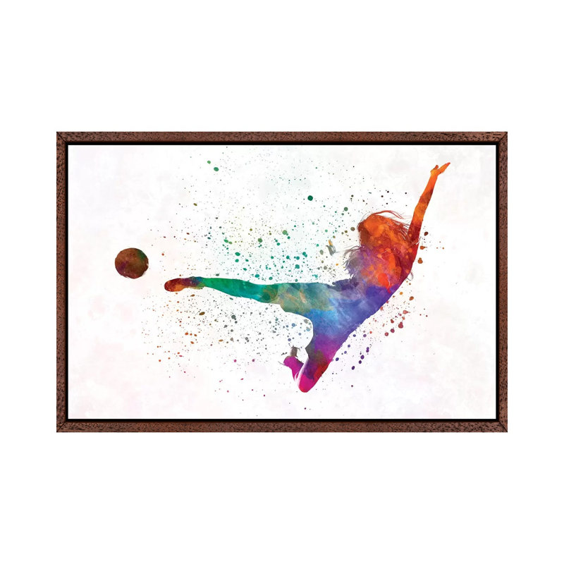 Woman Soccer Player 02 by Paul Rommer - Painting on Canvas, 66.04 cm H x 45.72 cm W, Classic Brown Wood Framed