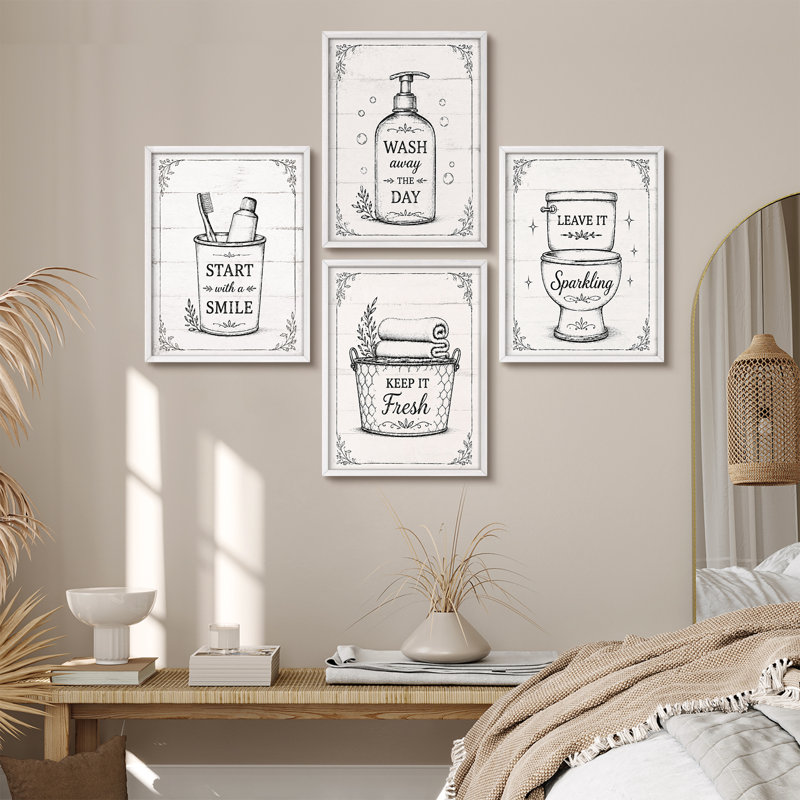 Commencer l'hygiène de la salle de bain avec un sourire «Wash Away the Day Keep It Fresh Keep It Sparkling», impression d'art encadrée, ensemble de 4 - salle de bain, salle d'eau, toilette, salle de lavage