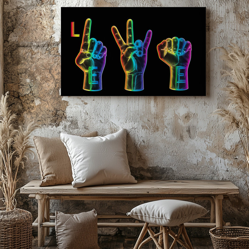 Reproduction d'art sur toile, "Neon Vibrant Style" avec illustration de quatre mains positionnées dans une suite représentant les lettres L OV