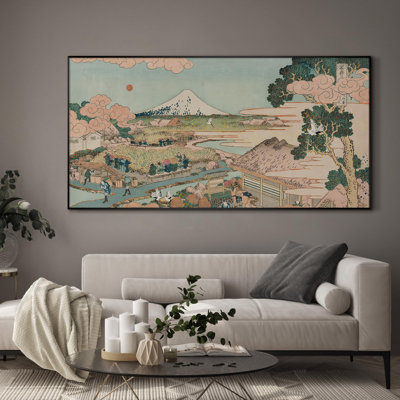 Extra Large Wall Art Fabric Print - Japanese Ukiyo-e Landscape, Timeless Mt. Fuji Scene for Zen-Inspired or Asian-Style Interiors Artwork Decor for Living Room or Bedroom - "Frame Assembly Required (Unfinished Frame)"