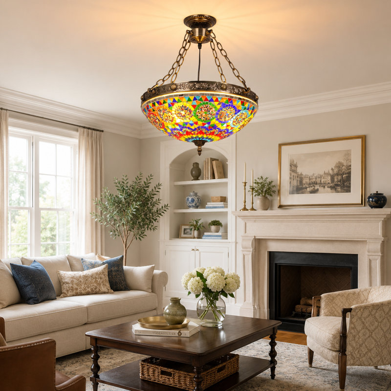 Luminaire suspendu en verre mosaïque à 4 lumières à intensité variable de style Tiffany, plafonnier semi-encastré, hauteur réglable, salle à manger, cuisine, vestibule, vestibule, salon