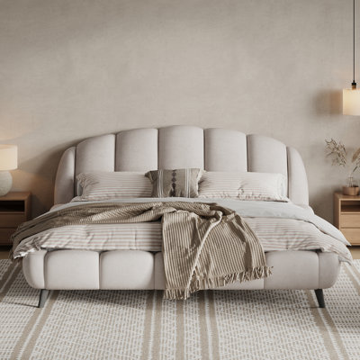 Upholstered Platform Bed Chenille Thick Headboard and Footboard, Shell-Shape Design Beds