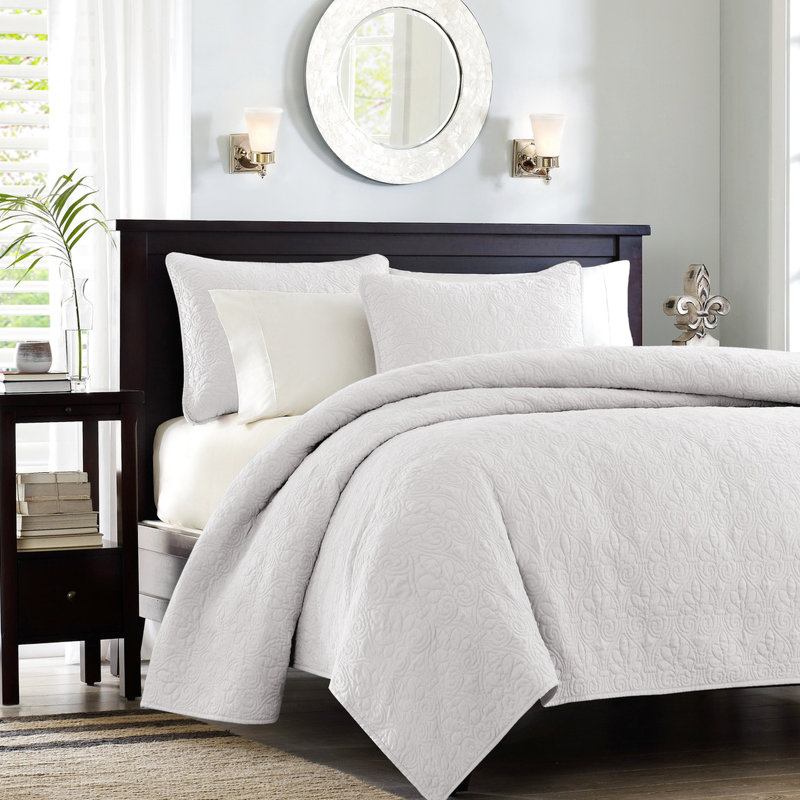Courtepointe réversible blanche pour lit double / grand lit - Rembourrage de literie saisonnier polyvalent en coton prélavé 3 pièces avec 2 taies décoratives incluses
