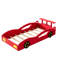 Lit de voiture de course en bois jaune rouge, conception esthétique, espace de rangement à la tête du lit, rails des deux côtés, construction pour les adolescents, plateforme simple avec roues, devant, côté, assemblage facile
