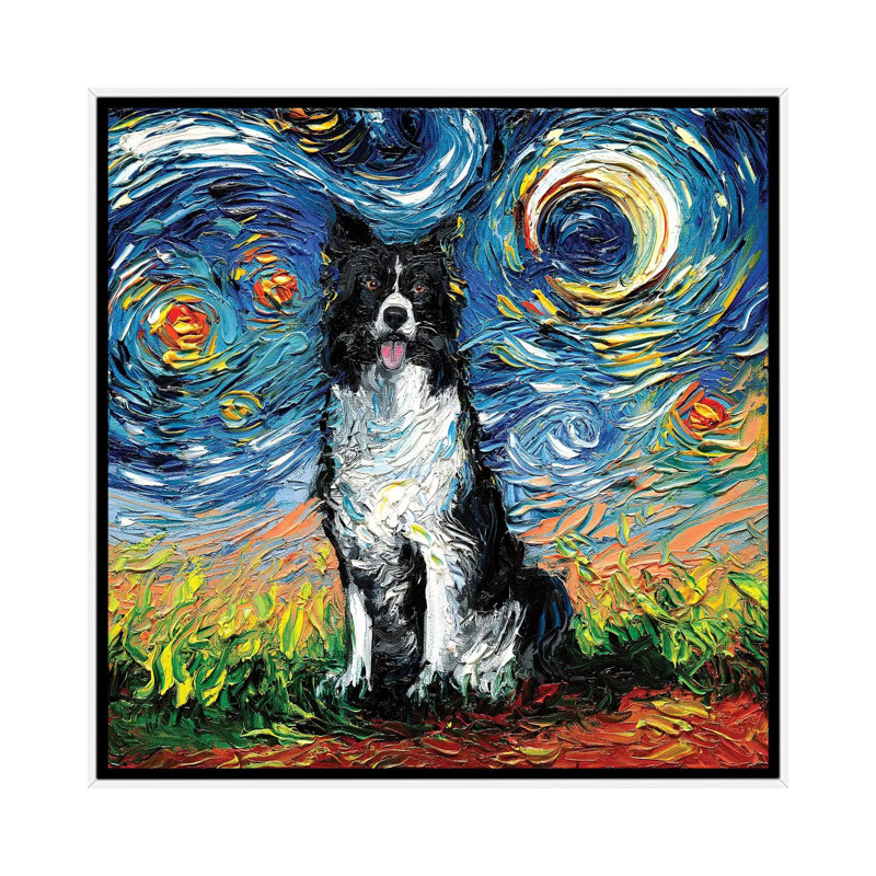 Reproduction d’art « Border Collie Night II » par aja Trèves, H 37 po x l 37 po x P 1,5 po, Toile blanche encadrée