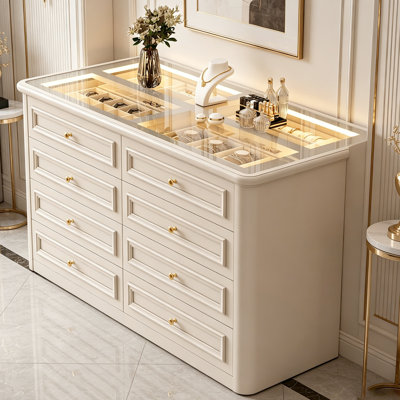 59.06″Beige French Style Cloakroom Island, Jewelry Display & Storage Cabinet with Drawers for Home & Retail Use