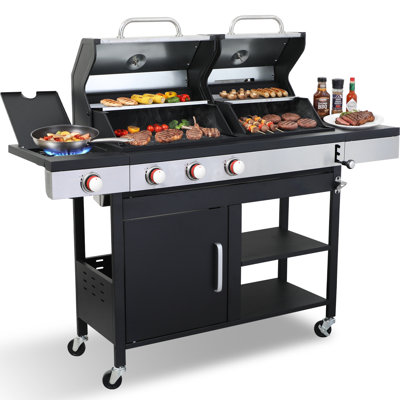 Barbecue combiné au charbon de bois et au gaz 3 brûleurs avec brûleur latéral, grille et plaque en fonte, barbecue à double combustible pour événements en plein air et barbecue dans le jardin avec système de nettoyage facile, couvercles en acier inoxydable