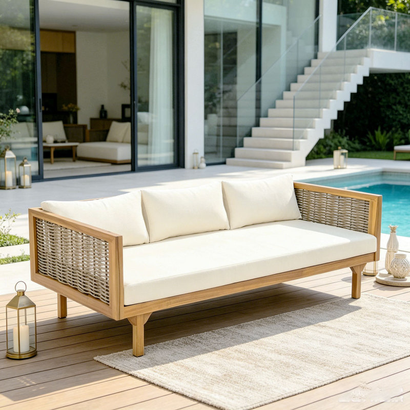 3-Seat Patio Sofa with Rattan Arms, beige